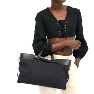 Authentic Gucci GG Monogram Belt Tote bag black canvas and leather medium